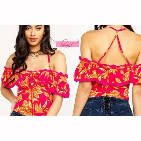 Cha Cha Off-The-Shoulder Top Raspberry Sorbet Fuchsia Hot Pink XS - Image 3