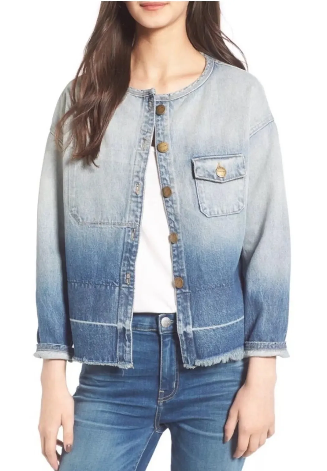 Current/Elliott The Off Duty Liner Denim Jacket Ombre Frayed Hem‎ Jean Jacket - Image 1