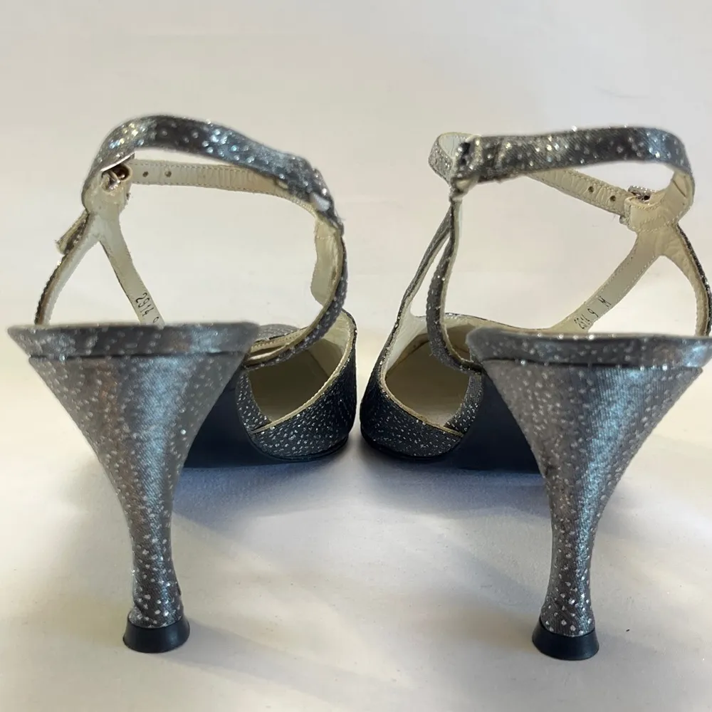 Stuart Weitzman Silver Glitter Slingback Heels | Size 9 | Made in Spain - Image 5