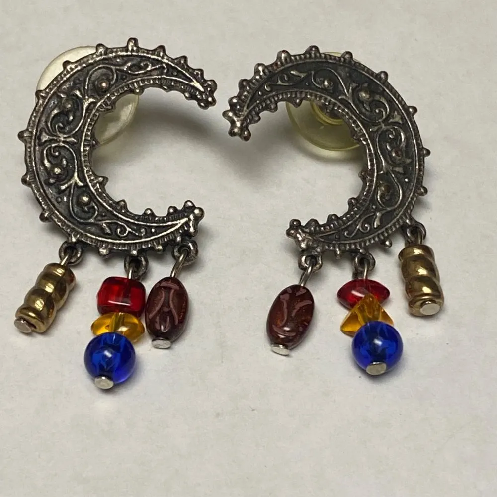 Legends Crescent Moon Shape Silver Tone Metal Pierced Post Earrings with Dangles - Image 3