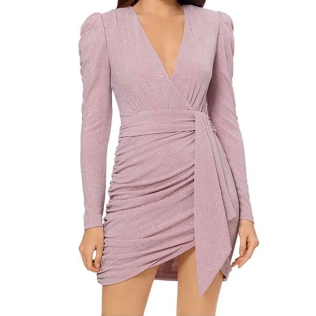 Aqua Metallic Faux Wrap Dress - Mauve Silver Size‎ 4 EUC Glitter. New Years EUC - Image 2