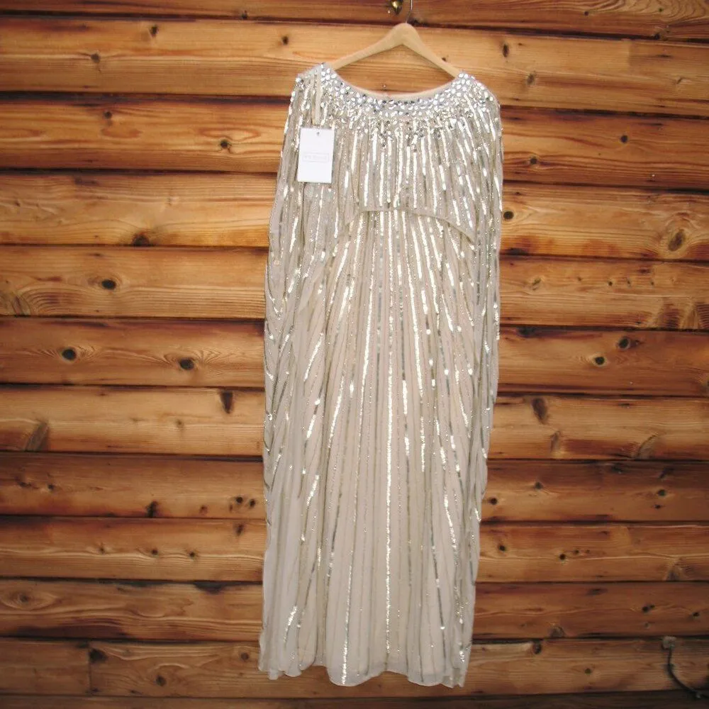 NWT Mac Duggal 93869 Gold Embellished Beaded Column Cape Gown 14 - Image 4