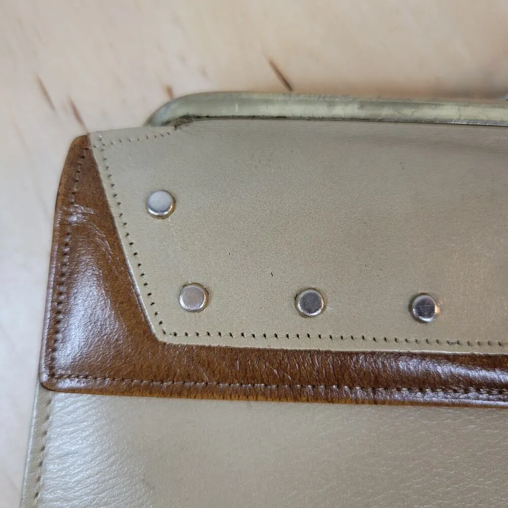 Vintage Ladies Wallet 8" Cream Beige Velvet Cowhide Gold Kiss Lock Checkbook Brown - Image 4