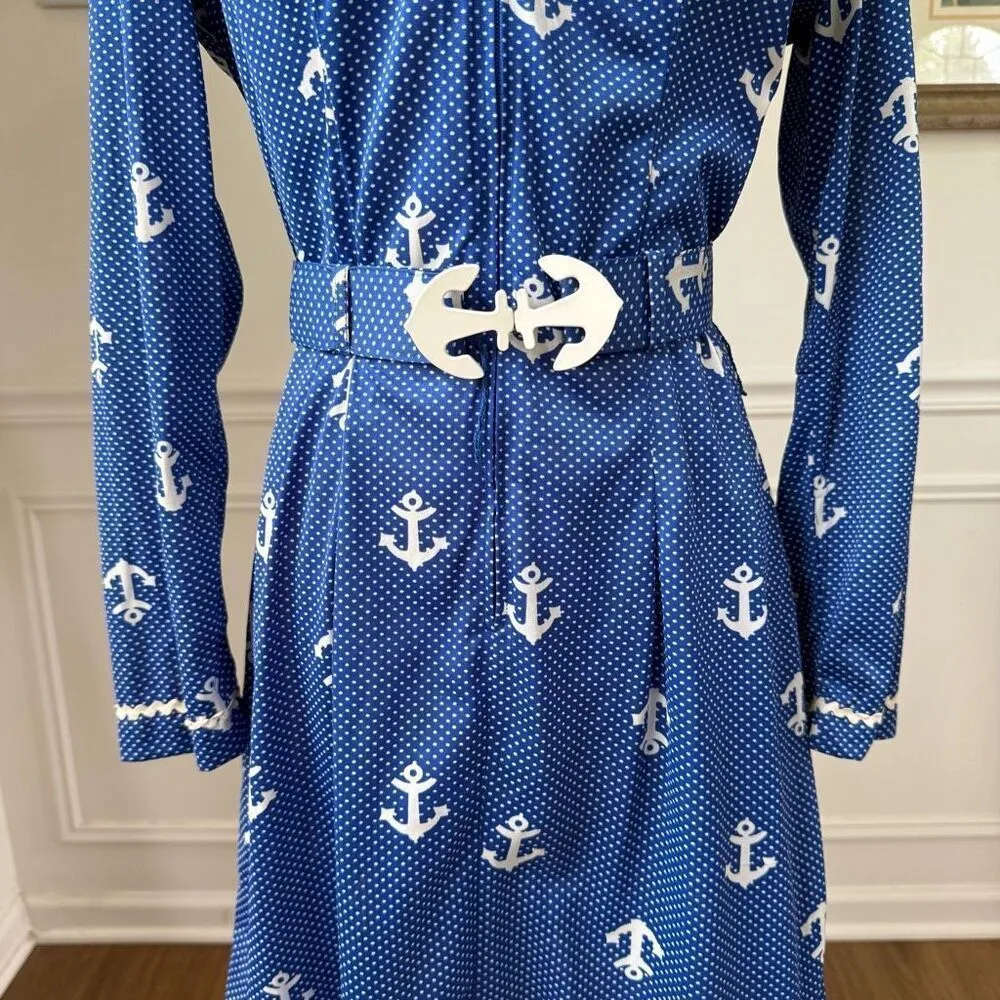 Vintage 70s House of She Ltd Zip Front Anchor Sailor Dress M Blue Size M - Image 6