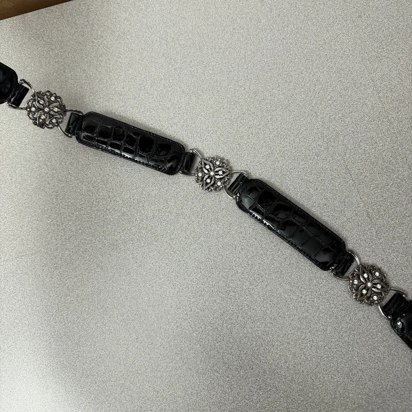 Brighton Leather Belt Womens 30 Black Croc Embossed Ornate Buckle Rhinestones - Image 5