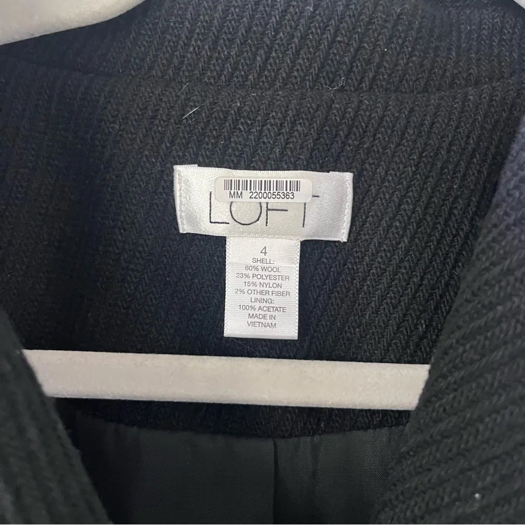 LOFT Ann Taylor Women’s Coat Wool Blend Black Textured Tie Size 4 Mid Length - Image 2