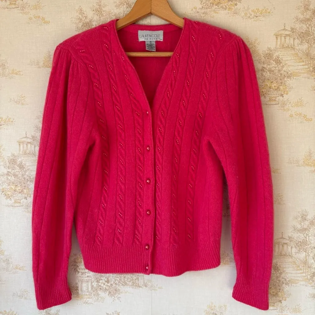 Vintage hot pink angora lambswool cableknit pearl button cardigan sweater - Image 2