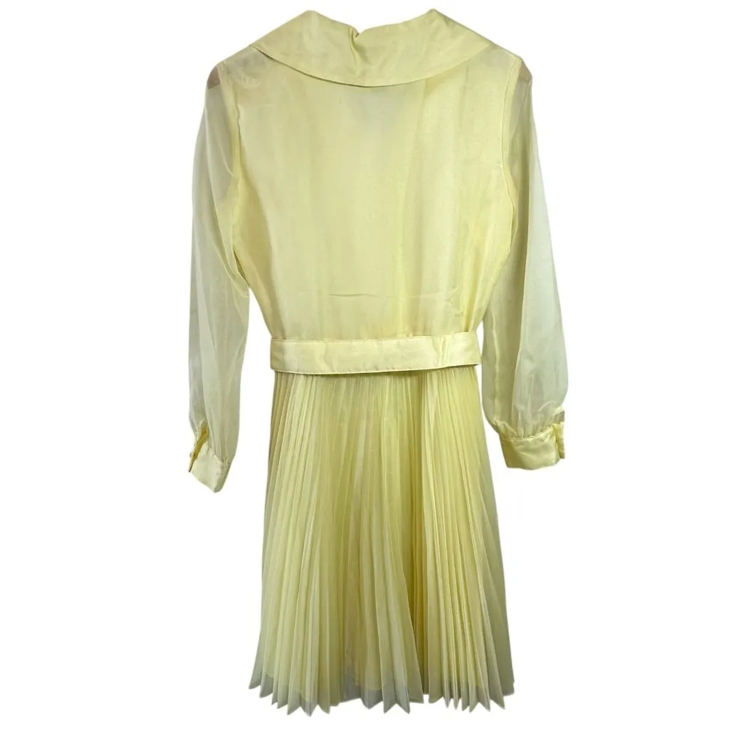 Vtg 60's MCM Alden's Lemon Yellow Crystal Pleated Chiffon Shirt Dress Bust 38" Size M - Image 6