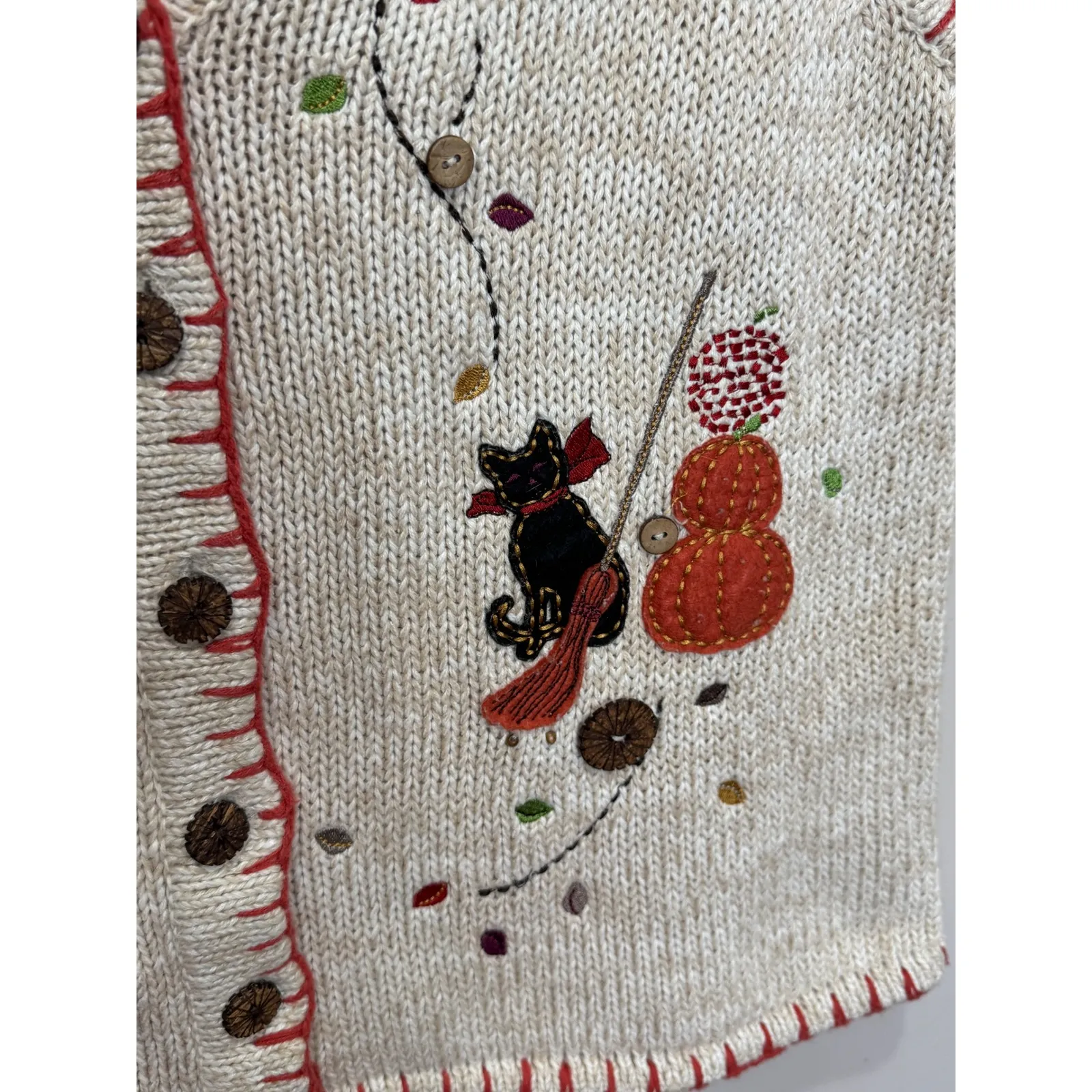 Christopher & Banks Hand Knit Cat Pumpkin Fall Vest Sz L Oatmeal Orange - Image 3