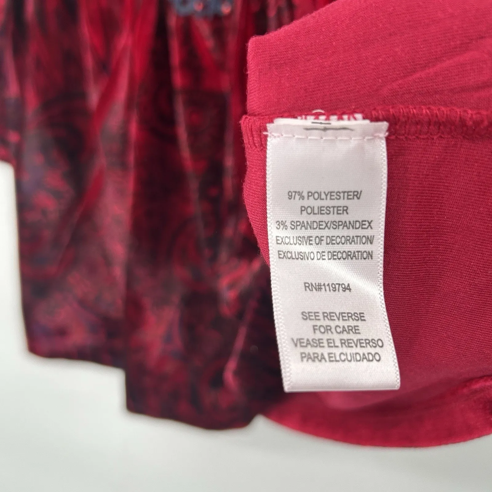 One World Boho Velvet Top Red Blue Lace 3/4 Sleeves Embellished Size 1X - Image 9