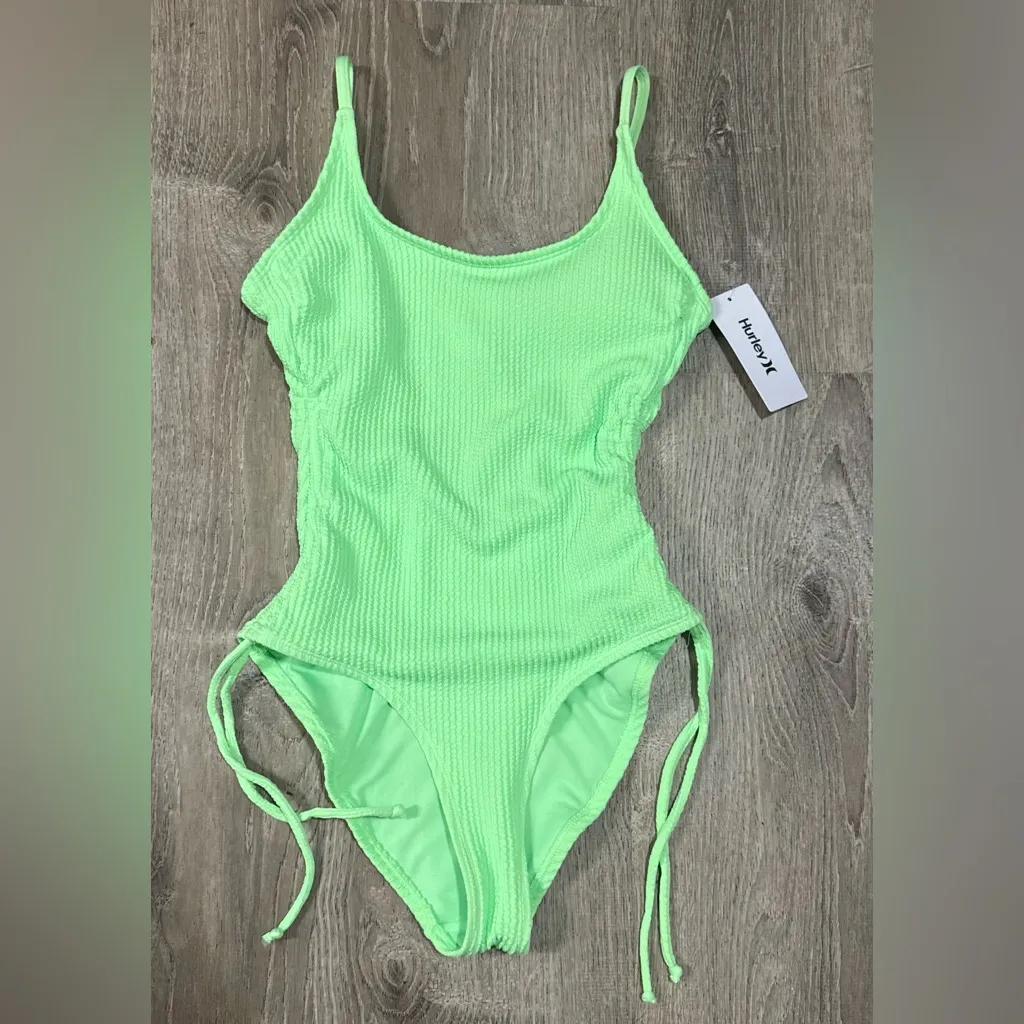 Hurley Neon Green Ribbed One-Piece Swimsuit Cheeky Fit Side Ties | Medium | NWT - Image 2