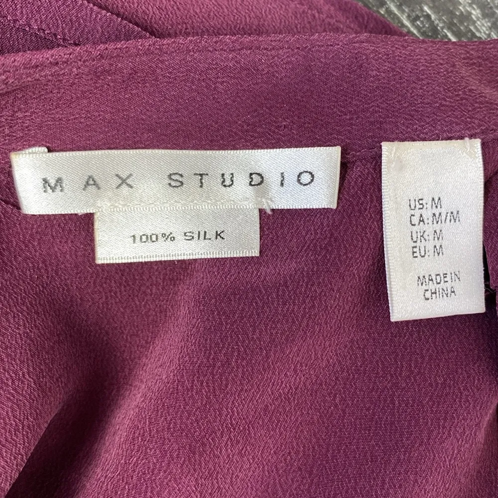 100% Silk Max Studio Burgundy Button Close Long Sleeve Colarless Blouse Top M - Image 4