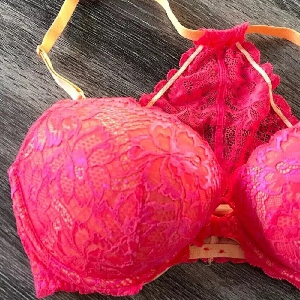 Victoria’s Secret PINK Date Racerback Women’s Push-up Bra Sz 36DD Lace Hot Pink - Image 3