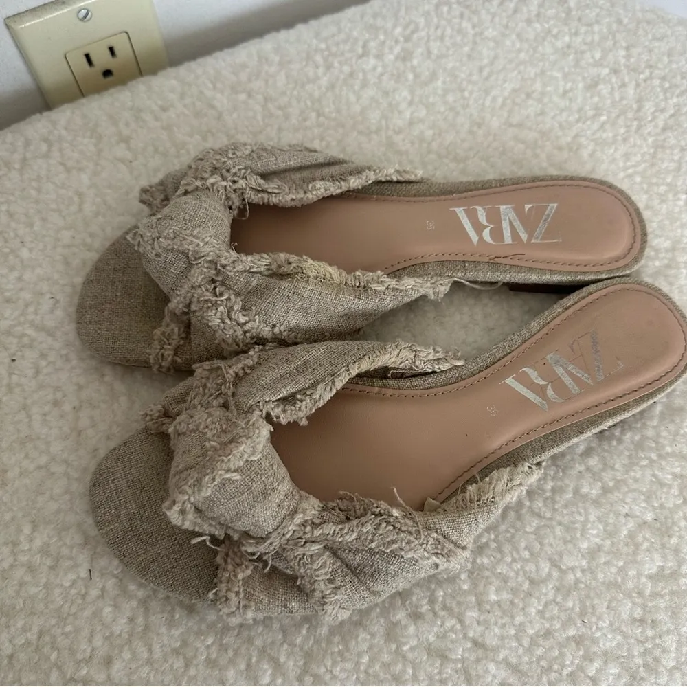 Zara Tan Mules with Frayed Detail - Image 5