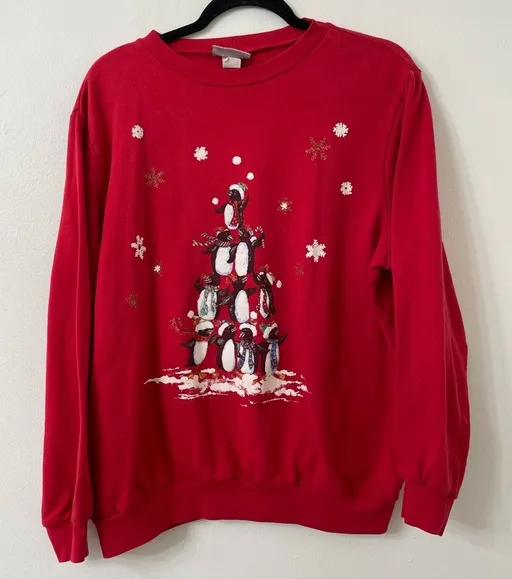 {L} Blair Penguin Tower Pyramid Vintage Grandma Sweatshirt Christmas Winter - Image 1