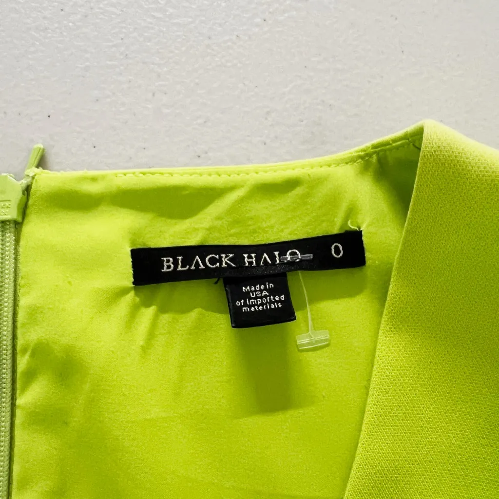 Black Halo Lynn Scoop Neck Ruffle Short Sleeve Fluted Cocktail Dress Lime Green - Image 2