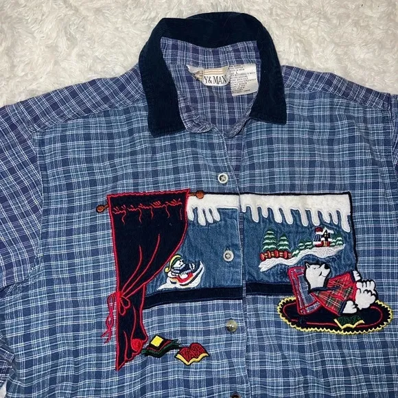 Casey & Max Vintage Plaid Polar Bear Flannel Button Up Size L Christmas / Winter Blue Size L - Image 2