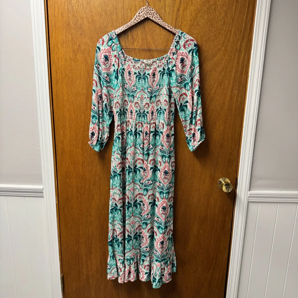 Fat Face Adele Mirrored Paisley 3/4 Sleeve Smocked Square Neck Midi Dress 8 Blue - Image 15