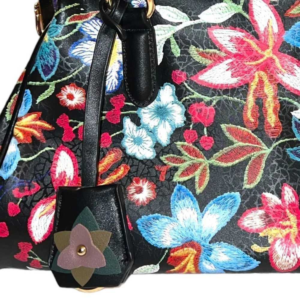 Diophy black faux leather handbag with hand painted embroidered floral d… - Image 2
