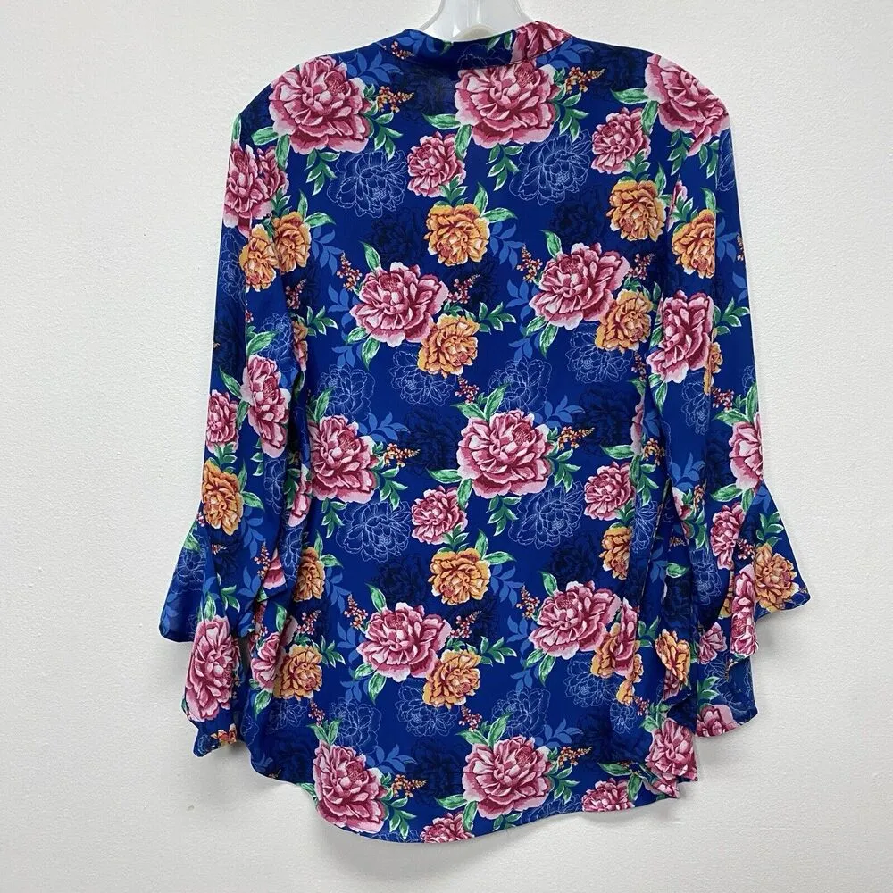 Pioneer Woman Size Large Shirt Blue Pink Floral Dressy Cottagecore Ruffle Sleeve - Image 6