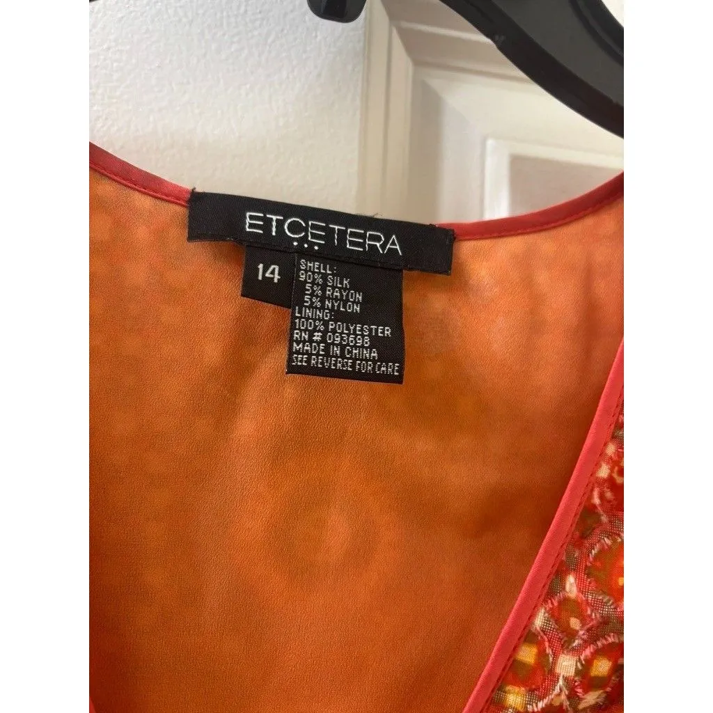 Etcetera  Silk Sleeveless Blouse Size 14 orange abstract pattern v neck - Image 2
