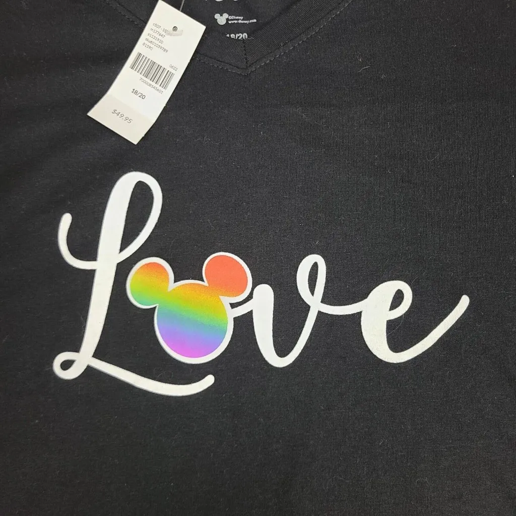 Disney Rainbow LOVE Soft T Shirt Sz: 18/20 Mickey‎ Mouse Black V-Neck NWOT - Image 3