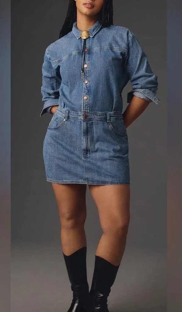 Anthropologie Pilcro Long-Sleeve Denim Micro Mini Shirt Dress Large - Image 4