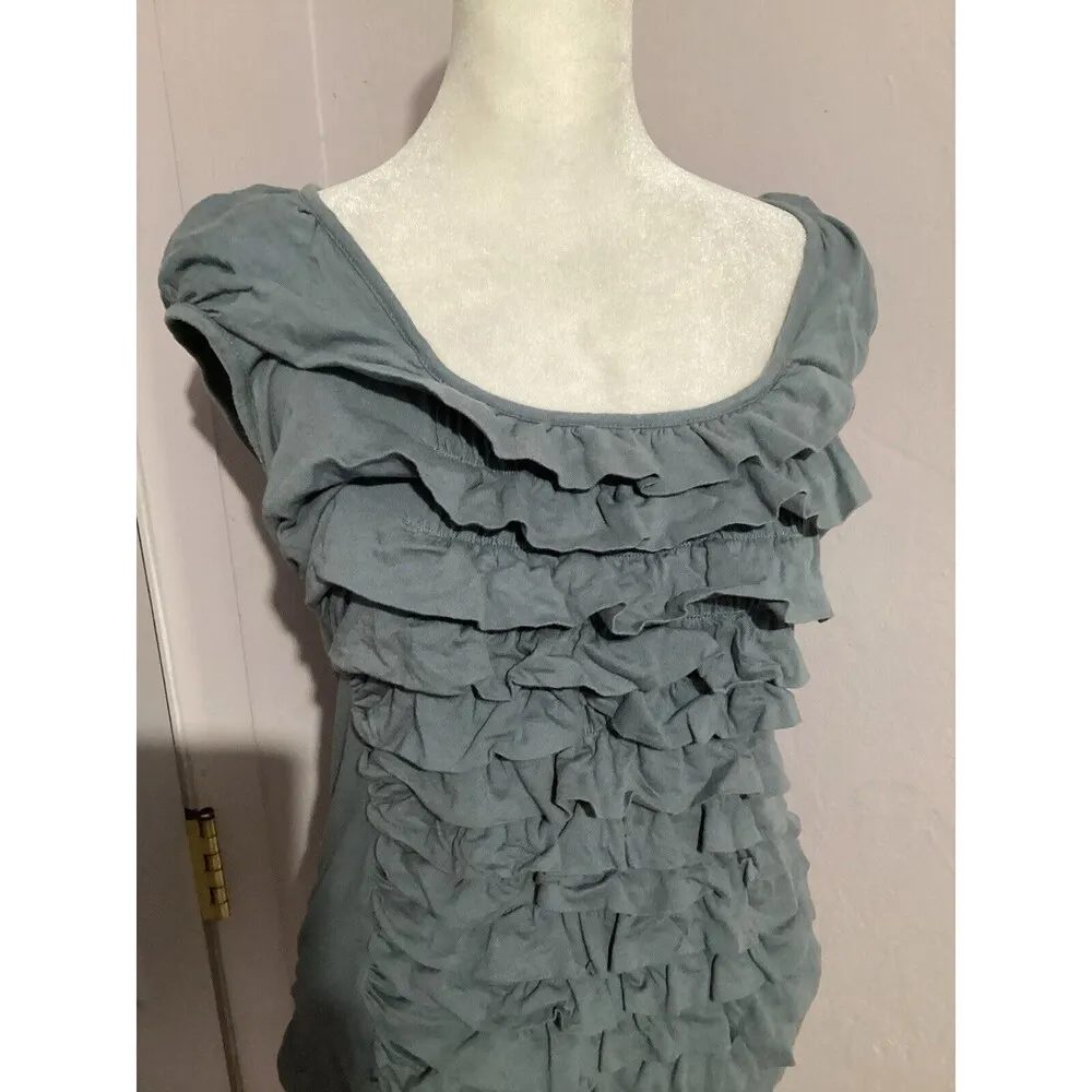 Deletta Light Blue Ruffle Sleeveless Blouse Pima Cotton S - Image 2