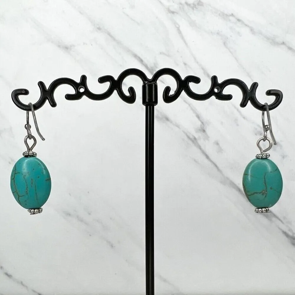 Silver Tone Faux Turquoise Beaded Dangle Earrings Pierced Pair - Image 5
