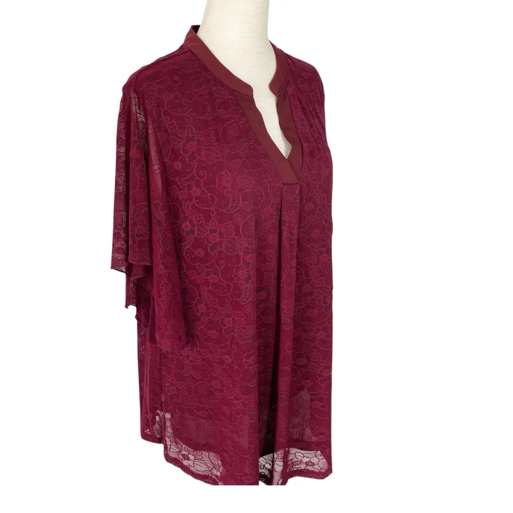 TIMESON Burgundy Lace Flutter Sleeve Top Purple Size XL - Image 2