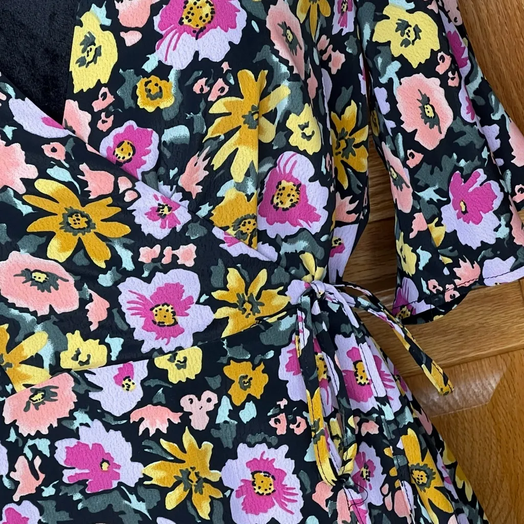 Topshop Floral‎ Print Wrap Front Tie Waist Bell Sleeve Angel Mini Dress Size 6 - Image 7