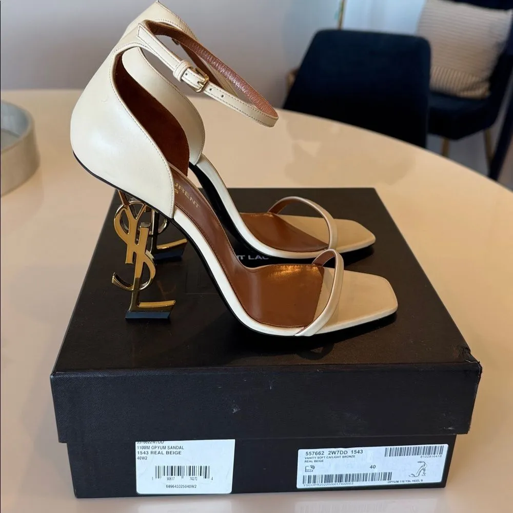 Saint Laurent Opyum YSL Logo Beige Gold High Heel Sandal Size EU 40 US 10 - Image 2