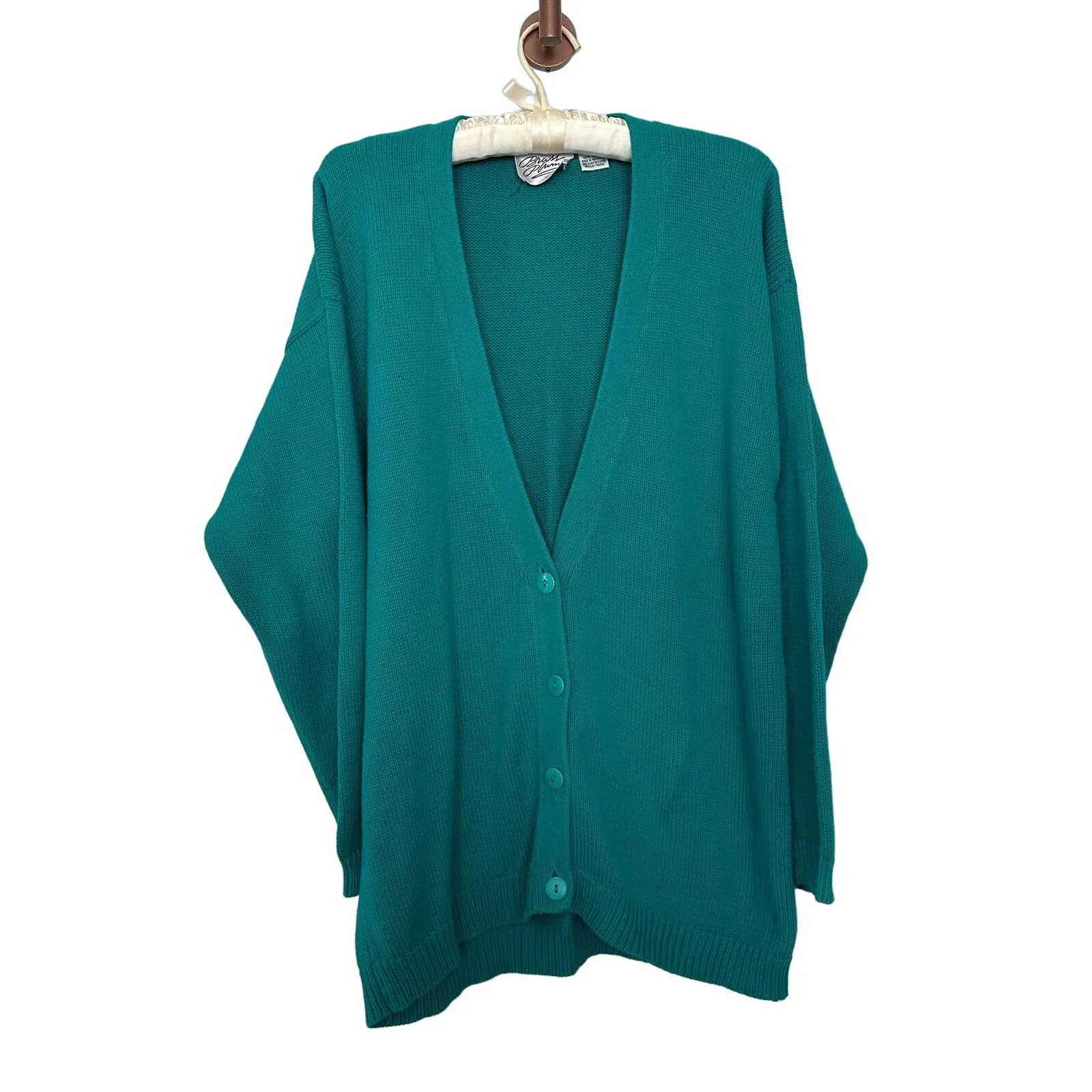 Vintage 90s Nordstrom 100% Cotton Knit Teal Button Up Vneck Cardigan Drop Sleeve - Image 10
