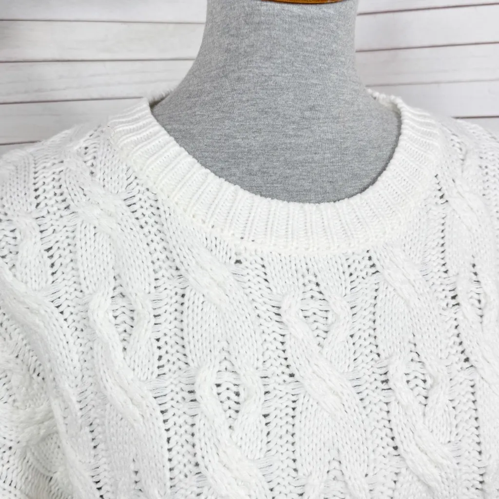 andthewhy Cable Knit Plaid Tweed Knit Back Crew Neck Slouchy Sweater White - Image 8