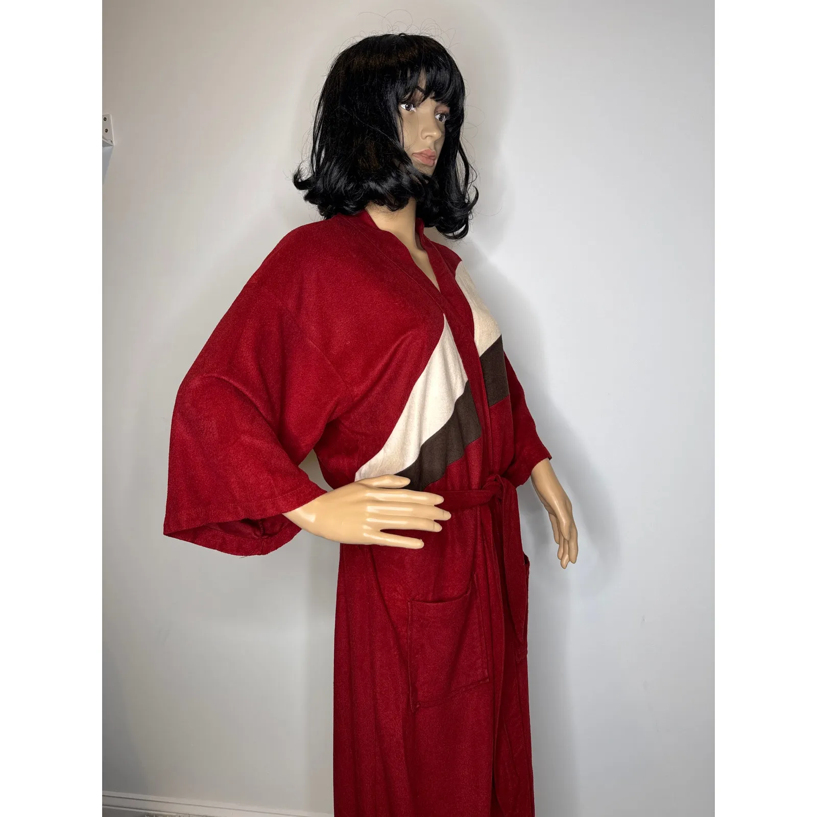 Vintage Red Colorblock Velour Kimono Robe Dress with Belt M -L - Image 9