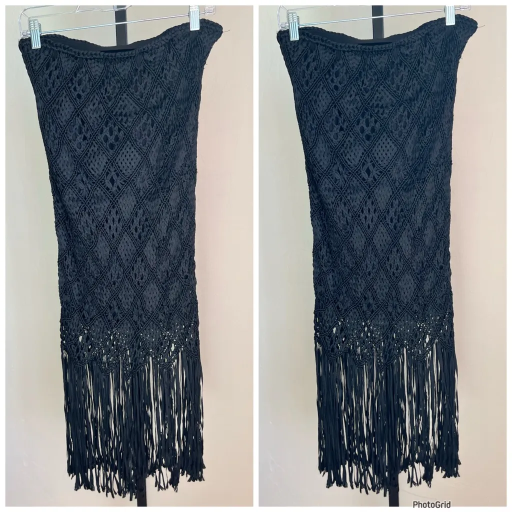 Polo Ralph Lauren Black Crochet Macrame Fringe Skirt Small - Image 2
