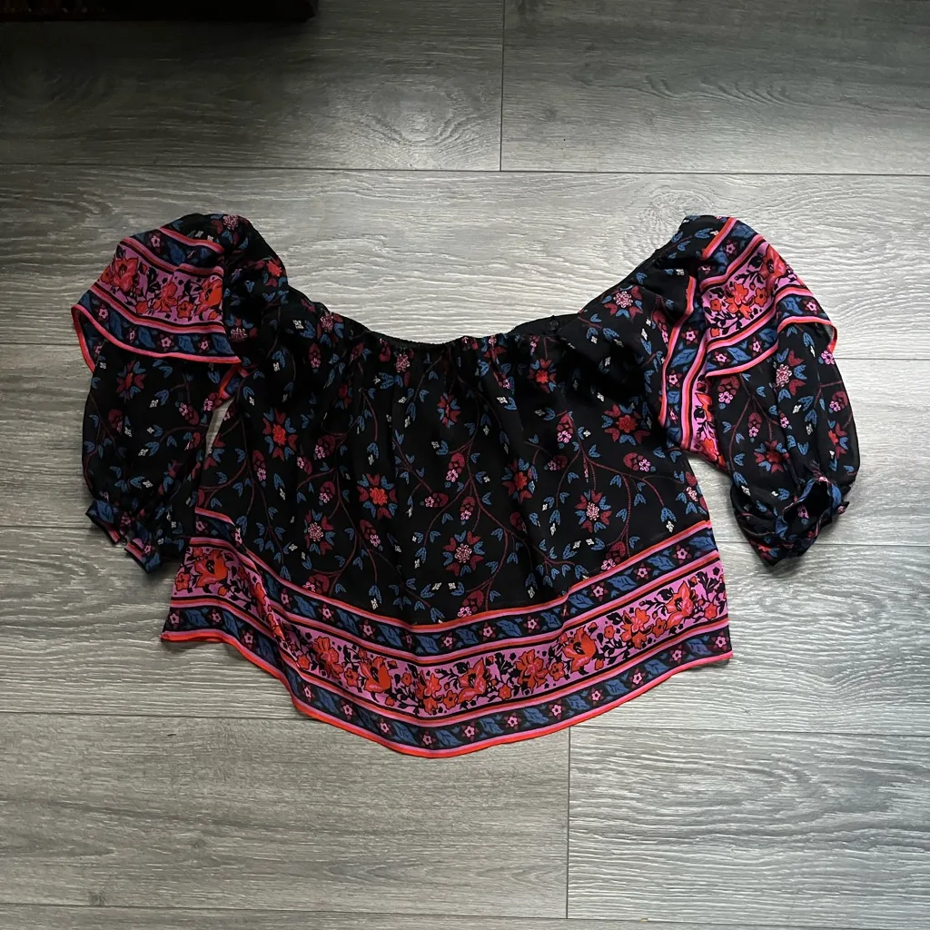 Joie Anthropologie 100% Silk Black Pink Floral Bubble Sleeve Top Size S Work - Image 2