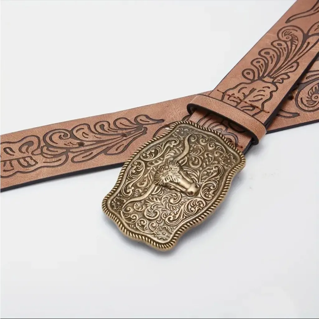 Western Bull Head Buckle Unisex Belt Vintage Embossed Brown PU Leather Belt Size M - Image 10