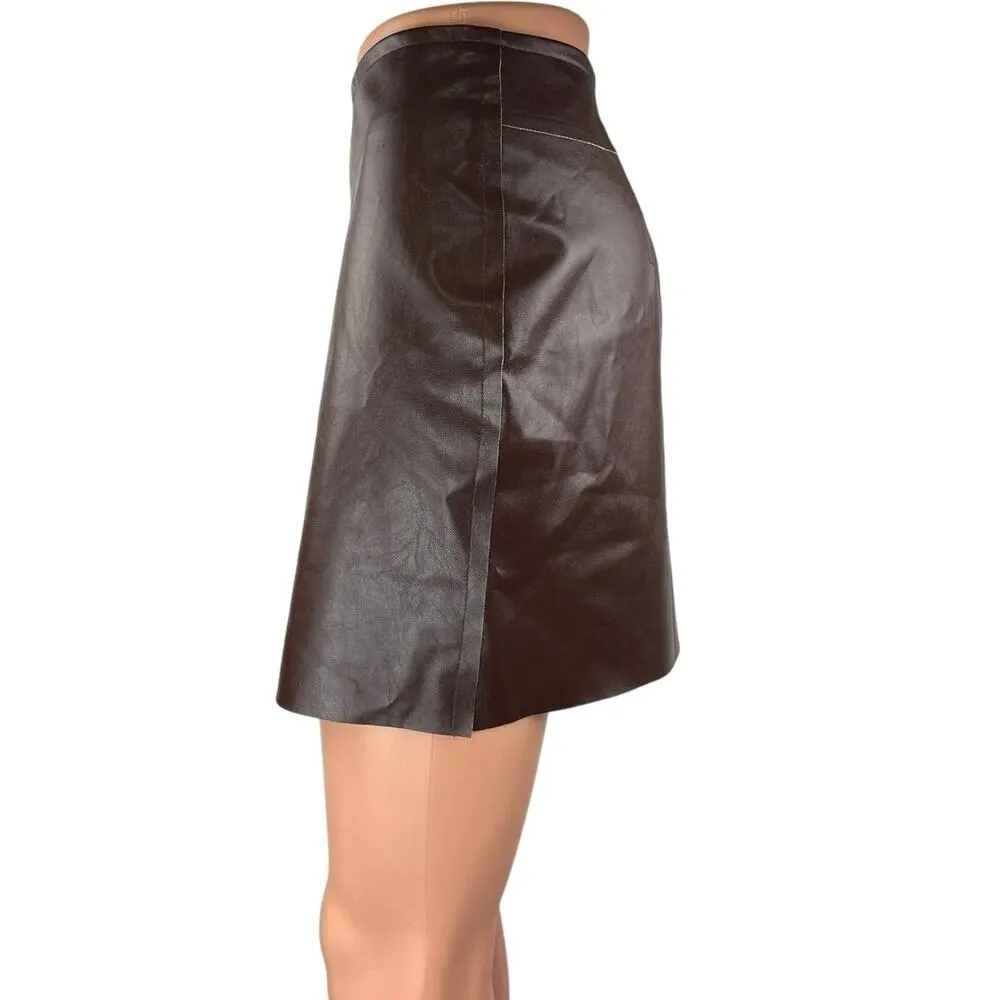 Commense Brown Faux Vegan Leather Mini Zipper Straight Pencil Skirt Size S - Image 2