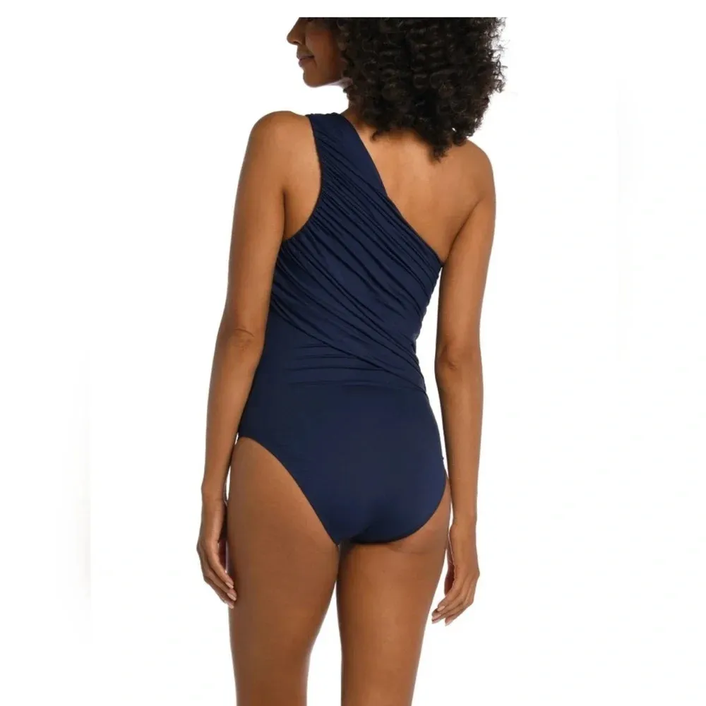 La Blanca Island Goddess Shirred One Shoulder One Piece in Indigo $120 - Image 2