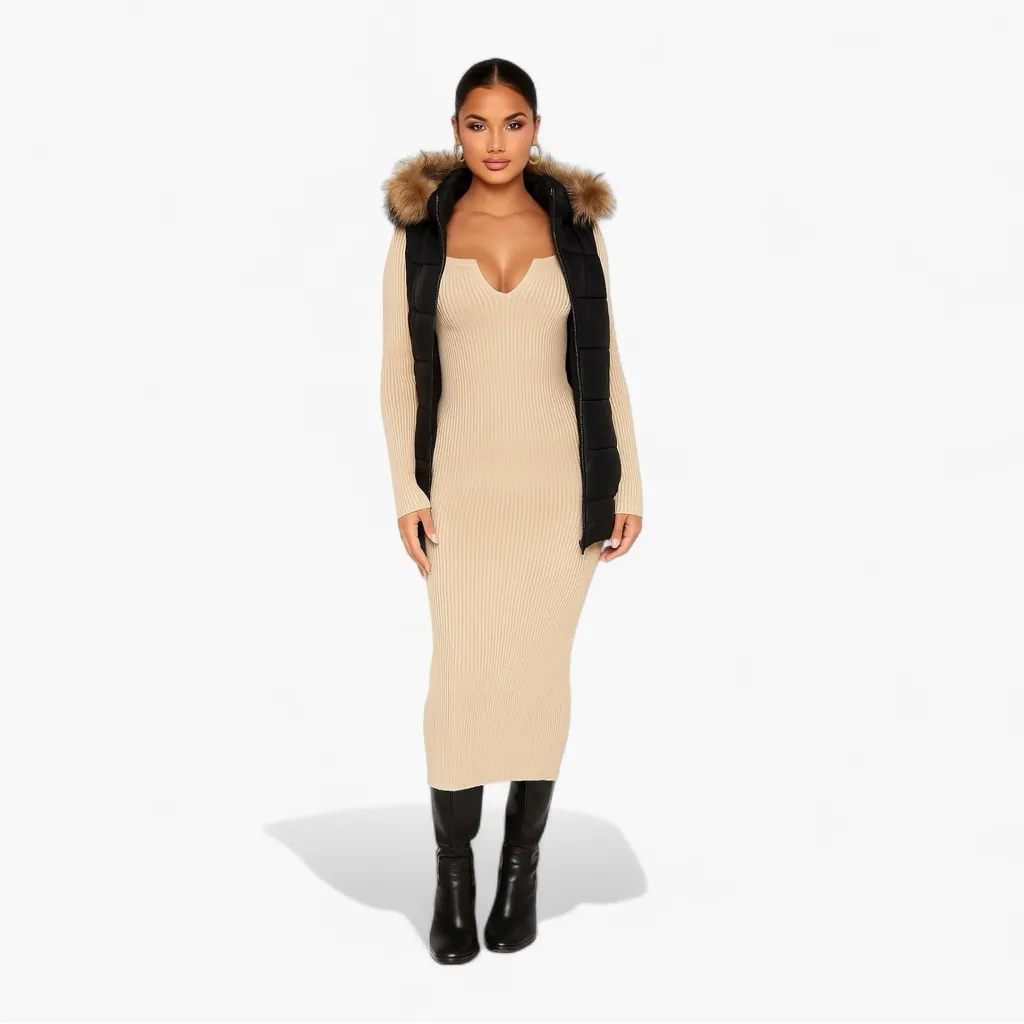 WAYF Ribbed Knit Long Sleeve Midi Dress Size S – Neutral Bodycon Classic - Image 2