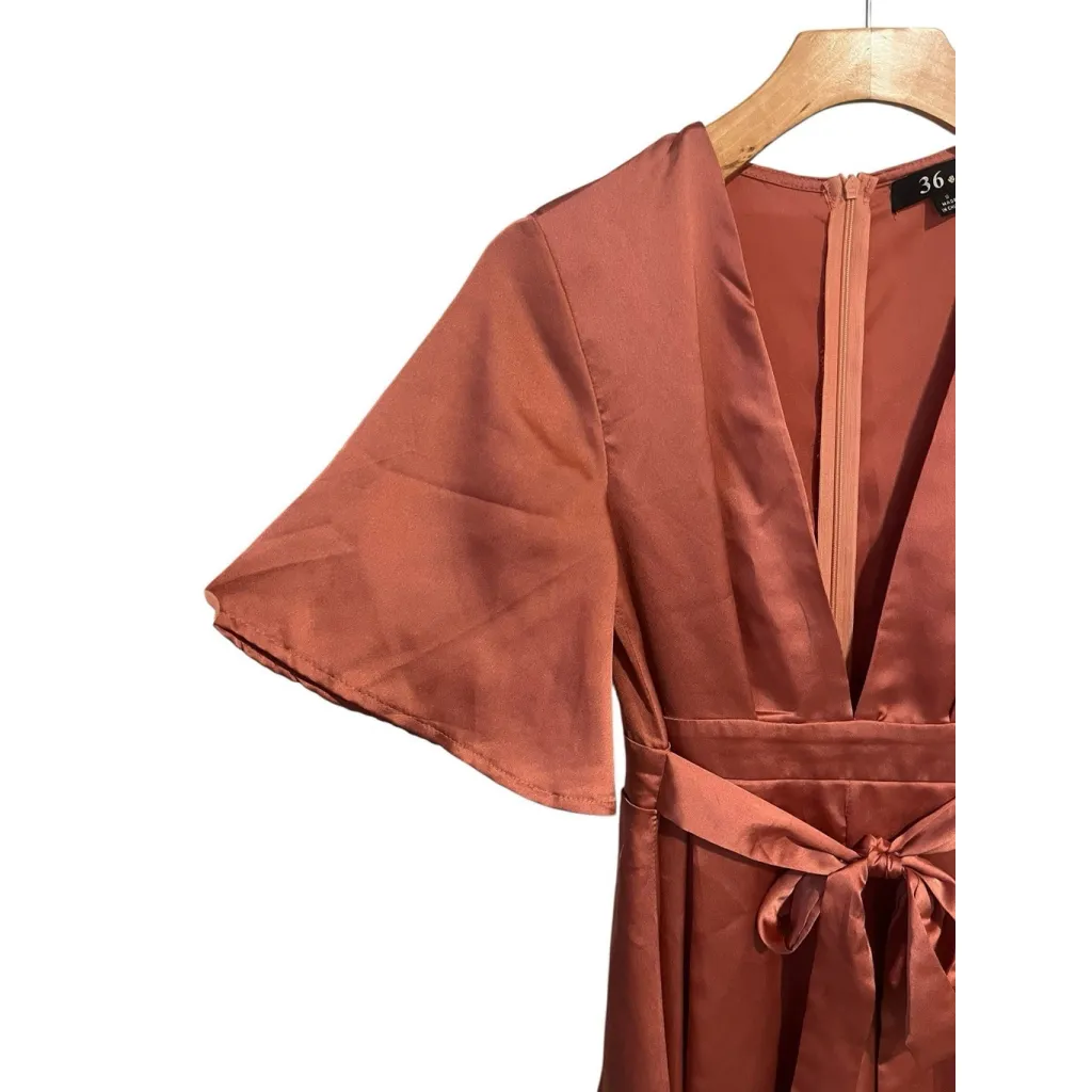 36 Point 5 Romper Womens S Pink Brown Short Bell Sleeve Tie Waist Zip Satin - Image 2