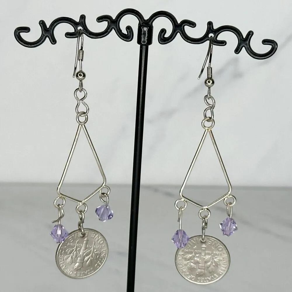 Purple Beaded US Dime Coin Dangle Earrings Pierced Pair Silver - Image 3