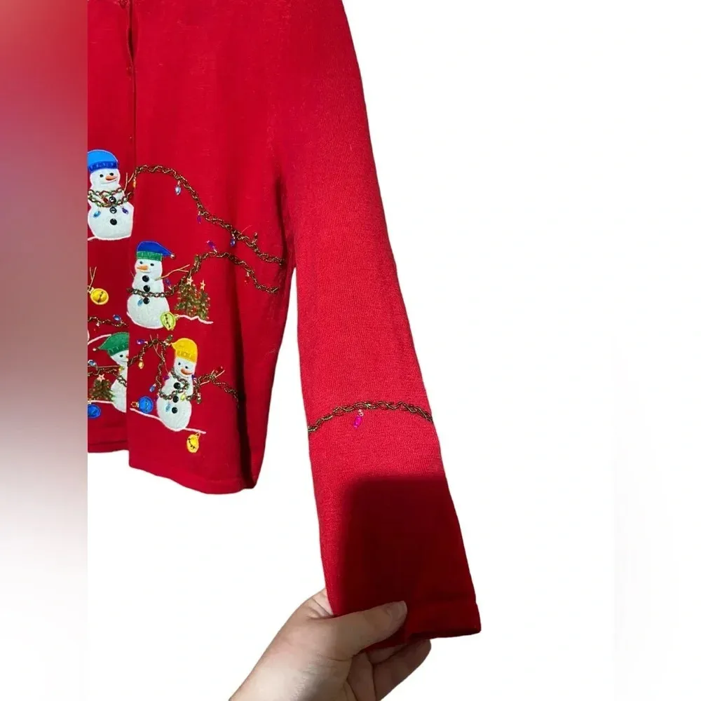 Vintage Christmas Snowman Snowmen Holiday Winter Button Up Cardigan Size Medium Red - Image 9