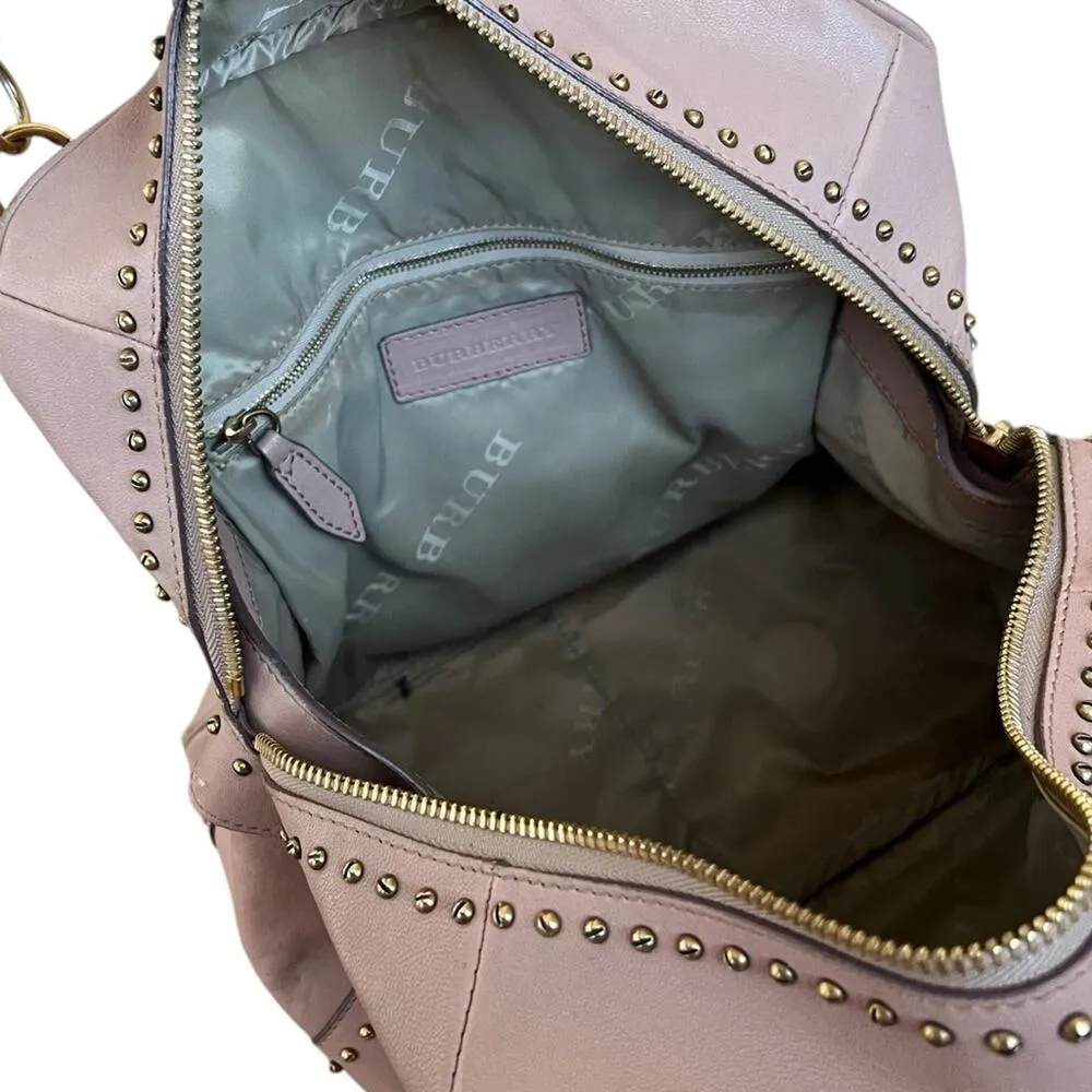 Burberry Women’s Old Rose Pink Plisse Gathered Leather Studded Satchel Purse Bag - Image 5