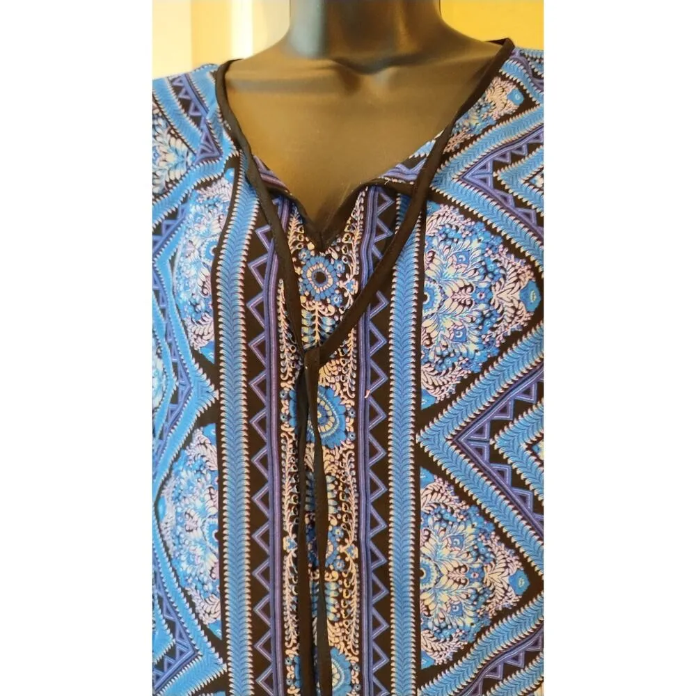 Nine West Blue/Black & white semi sheer Tunic Blouse neck tassel size Large - Image 2
