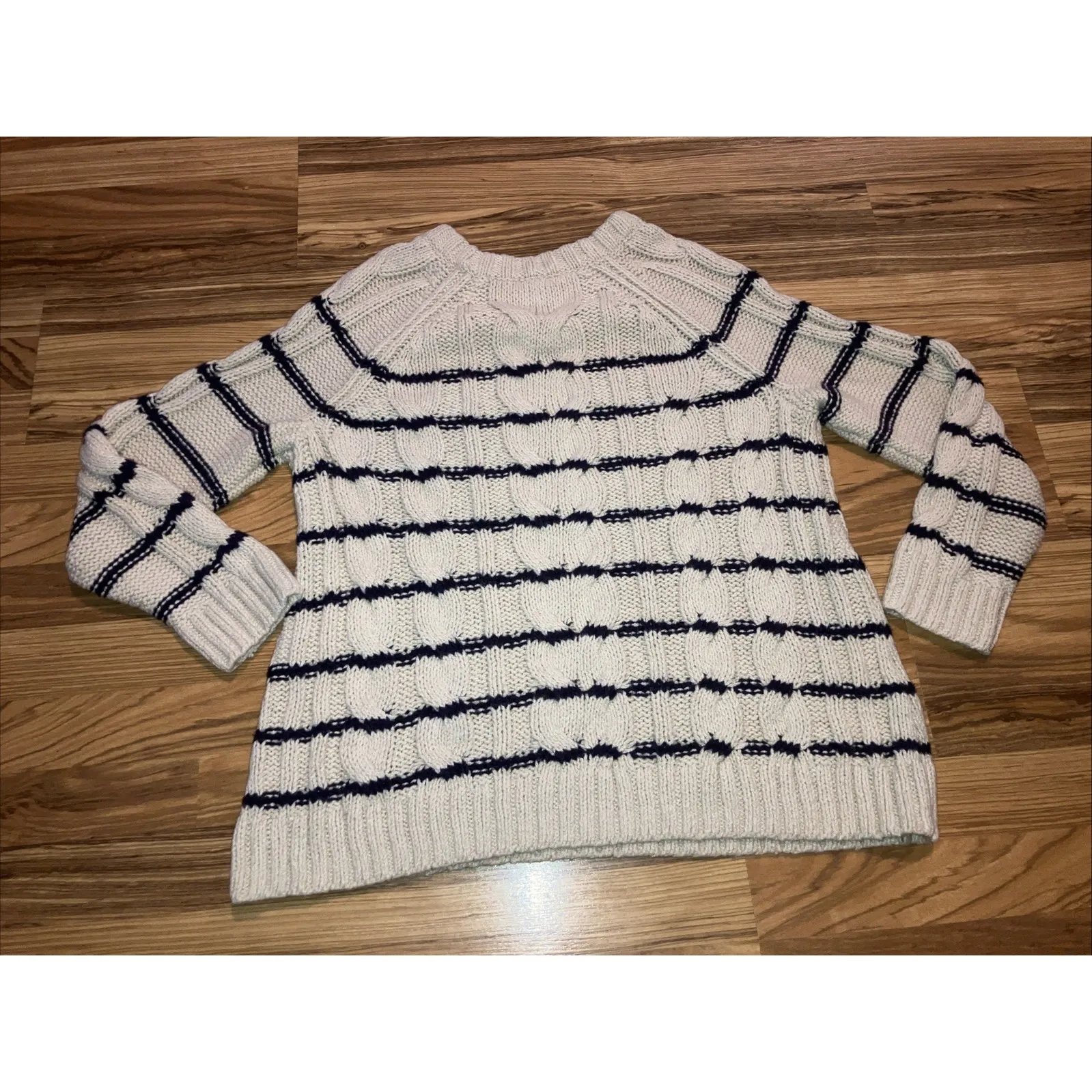 J Jill Sweater Womens Large Cream‎ Black Striped Cable Knit Chunky Pullover Top Tan Size 12 - Image 6