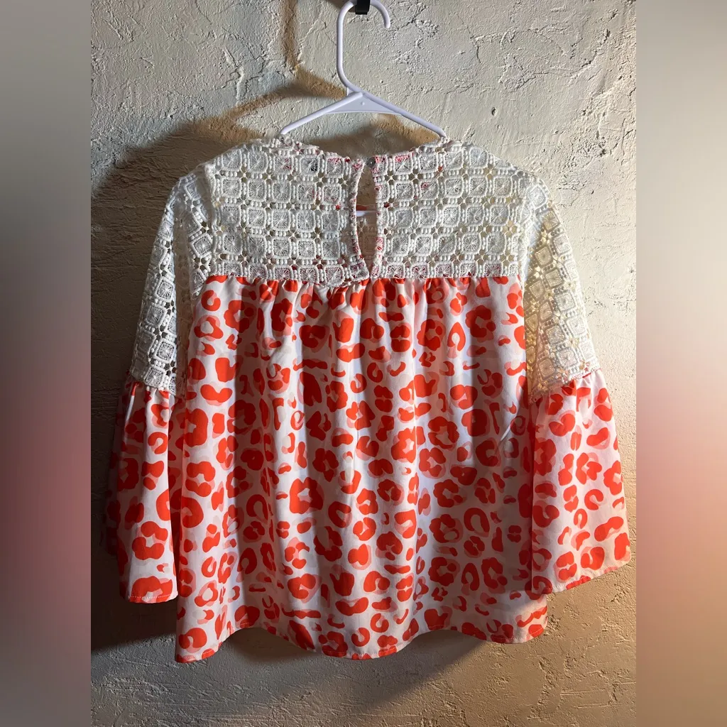 Coral White Pink Leopard Print Blouse sz M crochet flowy colorful bell sleeve Orange Size M - Image 11