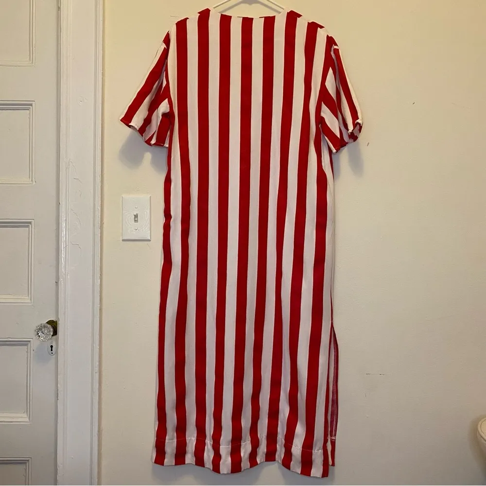 POMANDER PLACE Striped Canaan Short Sleeve Relaxed Caftan Dress Red/White Small Red - Image 14