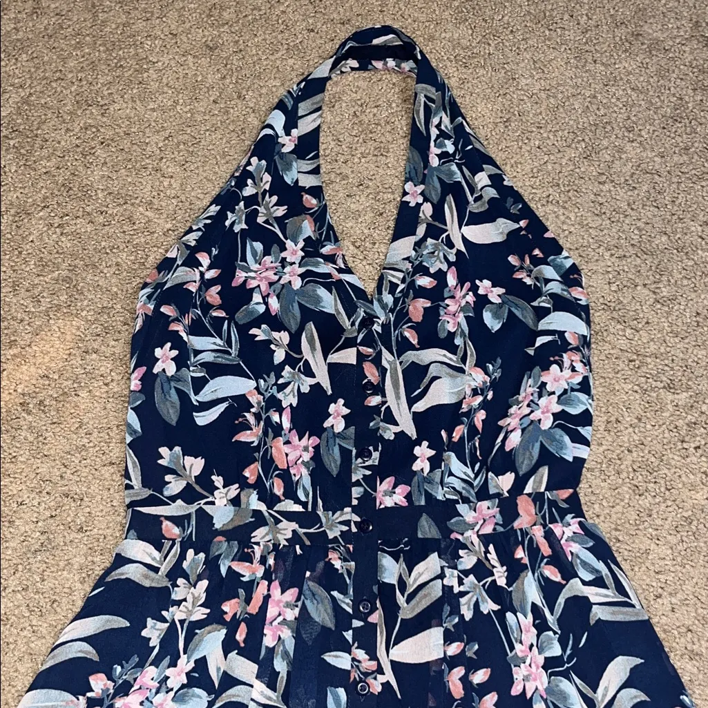 Gal Meets Glam Siena Floral Halter Open Back Button Maxi Dress Navy Blue 2 - Image 5